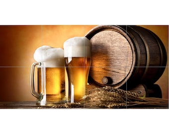 Beer in Glasses with Wooden Keg Ceramic Tile Mosaic -001- Sublimated Decor, Interchangeable Tiles, Display Options Available
