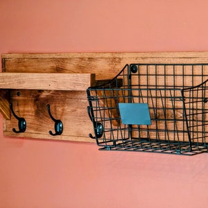 Rustic Wood Coat Rack with Shelf and Basket Wall Decor Color Size Options Available Great for Towels, Leashes, Keys Wall Organizer image 3