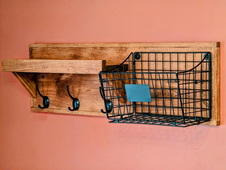 Rustic Wood Coat Rack with Shelf and Basket Wall Decor Color Size Options Available Great for Towels, Leashes, Keys Wall Organizer image 3
