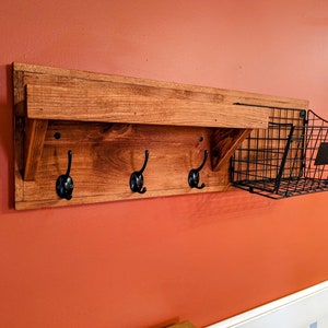 Rustic Wood Coat Rack with Shelf and Basket Wall Decor Color Size Options Available Great for Towels, Leashes, Keys Wall Organizer image 2