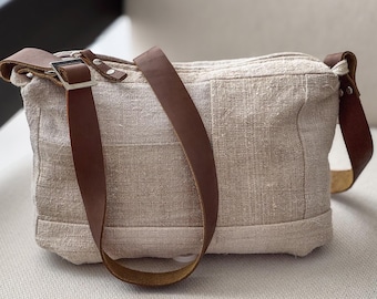 Linen Crossbody Bag with Leather Strap, Handmade Homewoven Hemp,  Everyday Bag.