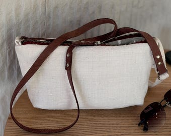 Vintage Linen Crossbody Bag, Leather Strap, Handmade Hemp Purse, Minimalist Eco Bag
