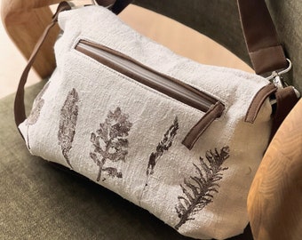 Shoulder Crossbody Bag featuring feather eco-printing, crafted from antique woven hemp canvas