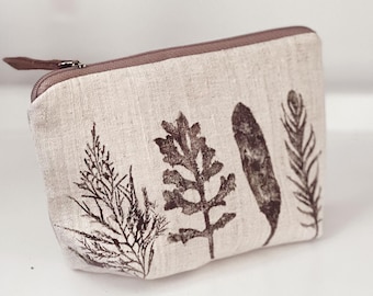 Handmade Linen Cosmetic Bag - Eco-Print with Real Plant Feathers - Zippered Purse Organizer
