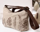 Linen shoulder Bag real Plant eco-printing, Crossbody medium size satchel purse many pockets. Long straps natural purse, summer bag set.