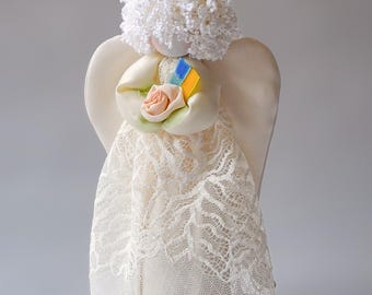 Stand with Ukraine Angel Doll. Ukrainian flag. Handmade White Guardian angel of Family and Home. Christmas crafts from Ukraine