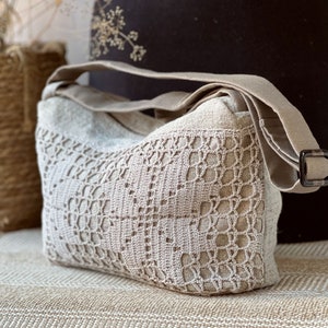 Crossbody Bag. Homemade woven linen and lace material organic fabric. Hand Made artist lace bag. Slouchy Purse. Macrame simple style