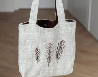 Shopper handbag with zipper | Homemade heavy weight handmade Ukrainian linen purse | eco, natural botanic print. Casual bag for laptop