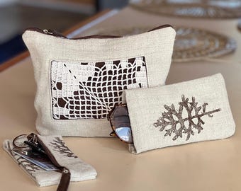 Оrganizer Bag Set - 3 Pieces: Cosmetic Bag, Key Case, and Sunglasses Case Featuring Plants Feathers and vintage lace fragment