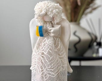 Lace Guardian Angel Figurine: Ukrainian Flag, Home Decoration