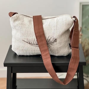 Bolso bandolera de lino: bolso de hombro étnico vintage con estampado de plumas