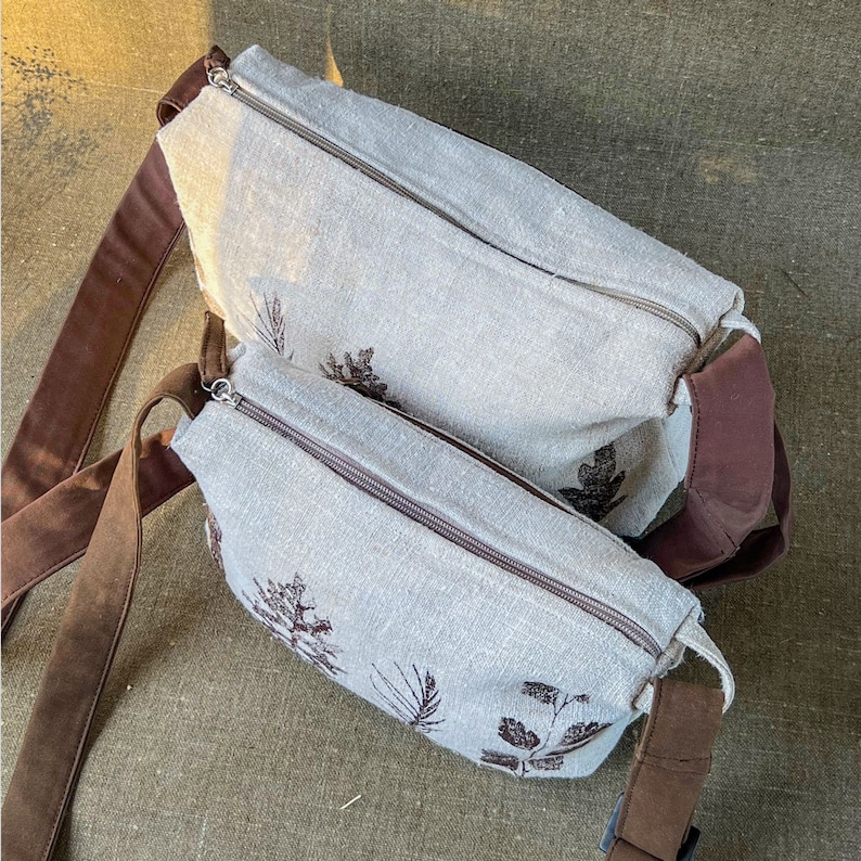 Linen shoulder crossbody Bag Real Plant and feather eco-printing poach Medium size purse 3 pockets with zipper long adjustable straps image 7
