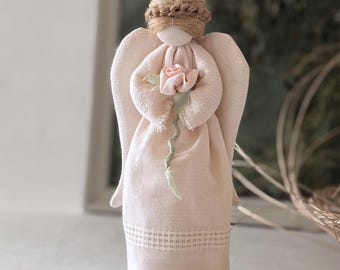 Linen Guardian Angel Figurine, Pink Home Decor, Ukrainian Motanka Doll