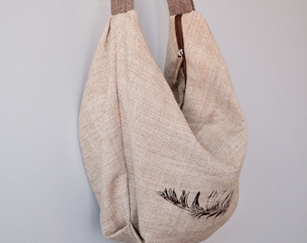 Linen Large Hobo Purse - Eco printing of Bird Feather for Good Luck -Ukrainian Boho Bag -Summer Hobo Purse -Linen Tote -Slouchy shoulder bag