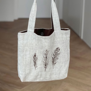 Handmade Ukrainian Linen Shopper Handbag with Pockets | Eco-Friendly Botanical Print | Durable Casual Bag for Laptop