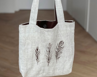 Handmade Ukrainian Linen Shopper Handbag with Pockets | Eco-Friendly Botanical Print | Durable Casual Bag for Laptop