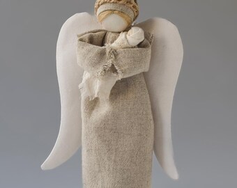 Guardian Angel with tiny Baby : Home Decor Gift Statue Protection. Homespun linen