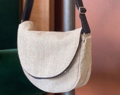Linen satchel Bag.Crossbody medium size bag with black straps. Messenger summer bag. Natural light weight bag zipper pockets.