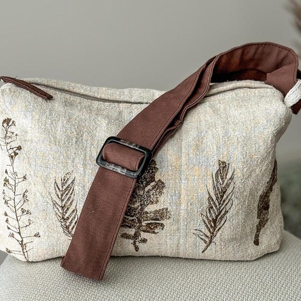 Handmade Botanical Crossbody Bag, Vintage Ukrainian Linen, Neutral Botanical Print, Cotton Strap