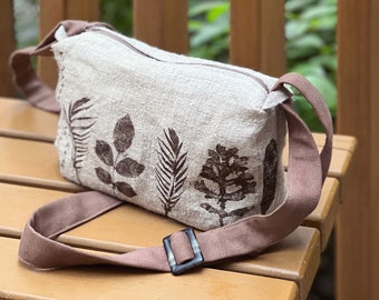 Natural crossbody small purse | Eco -printing plant, bird feather. Home woven fabric | 3 hidden pockets set with cosmetic bag, Shipping fast