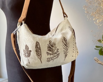 Hemp Crossbody Bag: Feather & Leaf Eco-Print, Antique Canvas