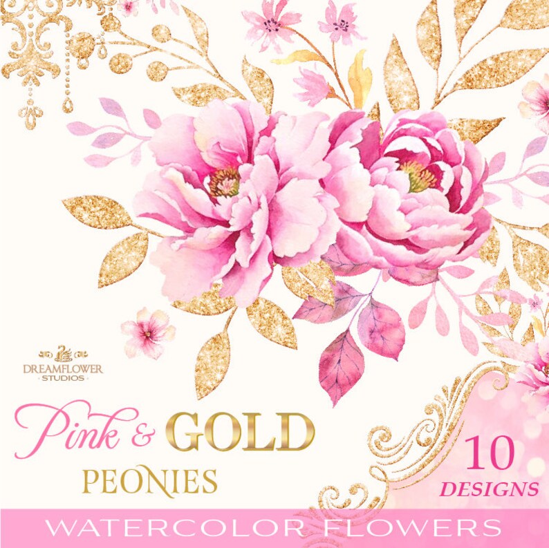 Pink and Gold Watercolor Pink Watercolor Flowers Clipart Etsy