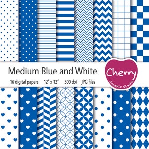 Medium Blue and White Digital Paper, Blue Pattern, Blue Paper Pack, Scrapbook Paper, Printable Paper, Seamless Pattern