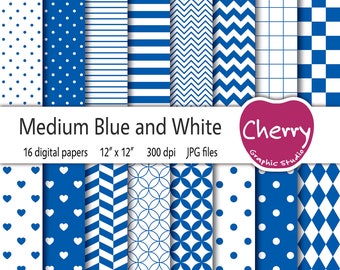 Medium Blue and White Digital Paper, Blue Pattern, Blue Paper Pack, Scrapbook Paper, Printable Paper, Seamless Pattern