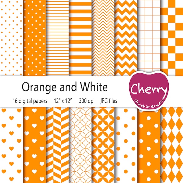 Orange and White Digital Paper, Orange Pattern, Orange Digital Paper Pack, Scrapbook Paper, Printable Paper, Seamless Pattern