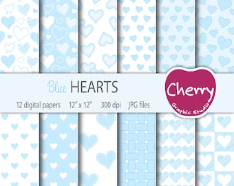 Blue Heart Digital Paper, Baby Blue Heart Pattern, Heart Paper Pack, Light Blue Hearts, Scrapbook Paper, Seamless Pattern, Printable