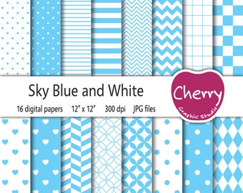 Sky Blue and White Digital Paper, Sky Blue Pattern, Blue Paper Pack, Scrapbook Paper, Printable Paper, Seamless Pattern