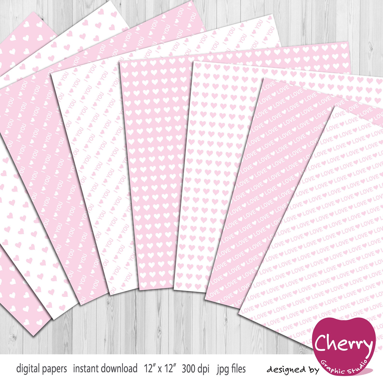 Light Pink Heart Digital Paper, Love Paper Pack, Valentine Scrapbook ...