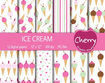Ice Cream Digital Paper, Ice Cream Pattern, Ice Cream Paper Pack, Scrapbook Paper, Printable Paper, Seamless Pattern