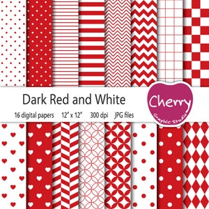 Dark Red and White Digital Paper, Dark Red and White Pattern, Red Digital Paper Pack, Scrapbook Paper, Seamless Pattern, Printable Paper
