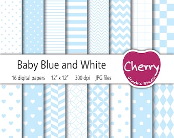 Baby Blue and White Digital Paper, Baby Blue Pattern, Blue Paper Pack, Scrapbook Paper, Printable Paper, Seamless Pattern