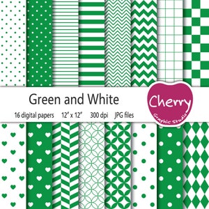 Green and White Digital Paper, Green Pattern, Green Paper Pack, Scrapbook Paper, Printable Paper, Seamless Pattern