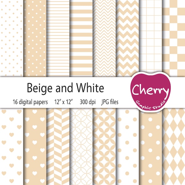 Beige and White Digital Paper, Beige Pattern, Beige Paper Pack, Scrapbook Paper, Printable Paper, Seamless Pattern