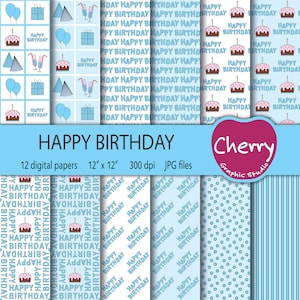 Happy Birthday Digital Paper, Blue Birthday Digital Paper, Happy Birthday Pattern, Birthday Scrapbook Paper, Seamless Pattern, Printable