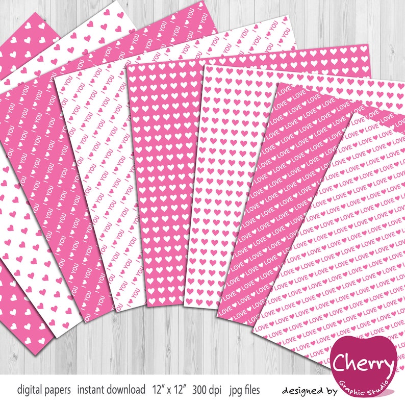 Pink and White Heart Digital Paper, Love Paper Pack, Valentine ...
