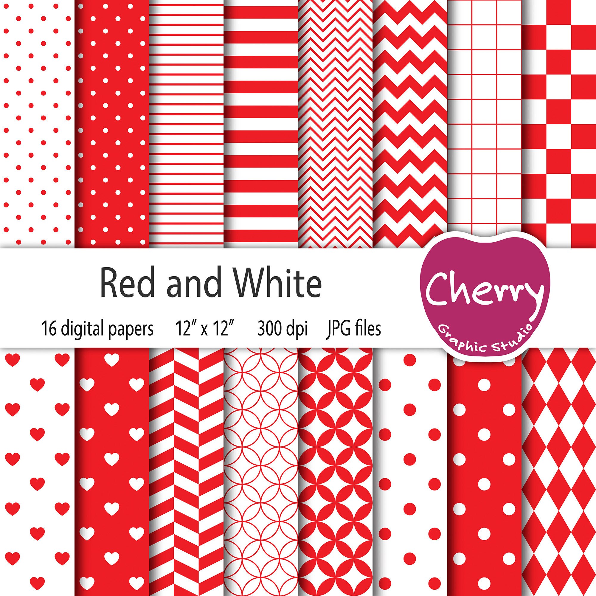 Red and White Digital Paper, Red and White Pattern, Red Digital Paper Pack, Scrapbook Paper, Seamless Pattern, Printable Paper