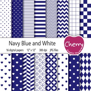 Navy Blue and White Digital Paper, Navy Blue Pattern, Blue Paper Pack, Scrapbook Paper, Printable Paper, Seamless Pattern