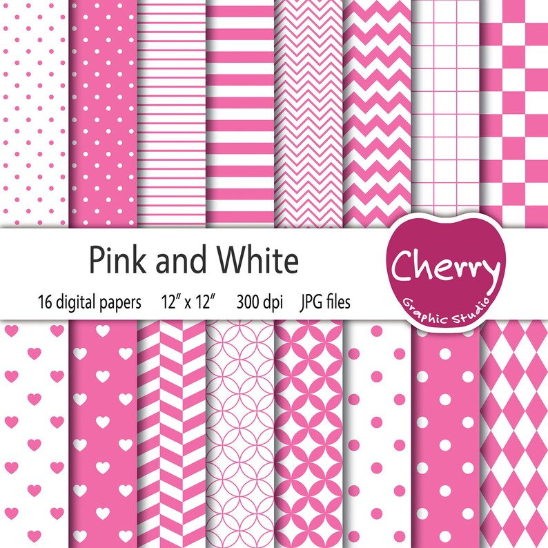 Pink and White Digital Paper Pack, Scrapbook Papers, Seamless Patterns ...