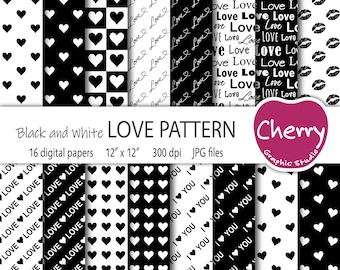 Black and White Love Digital Paper, Love Pattern, Love & Heart Paper Pack, Valentine Scrapbook Paper, Seamless Pattern, Printable