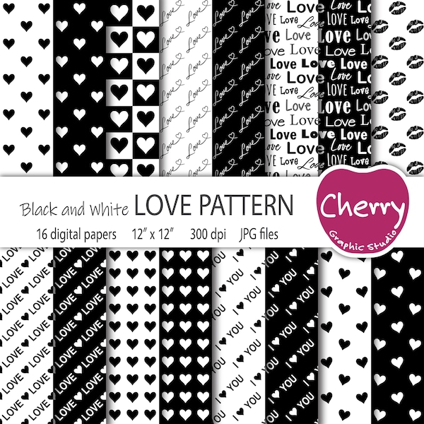 Black and White Love Digital Paper, Love Pattern, Love & Heart Paper Pack, Valentine Scrapbook Paper, Seamless Pattern, Printable