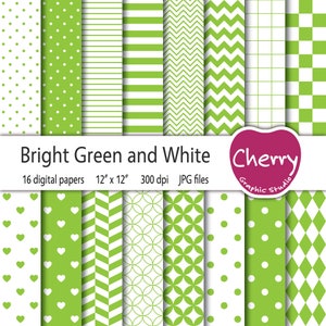 Bright Green and White Digital Paper, Green Pattern, Green Paper Pack, Scrapbook Paper, Printable Paper, Seamless Pattern