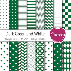 Dark Green and White Digital Paper, Dark Green Pattern, Green Paper Pack, Scrapbook Paper, Printable Paper, Seamless Pattern