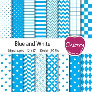 Blue and White Digital Paper, Blue Pattern, Blue Paper Pack, Scrapbook Paper, Printable Paper, Seamless Pattern