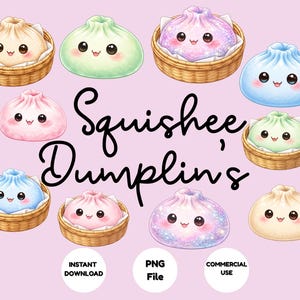 May include: A digital illustration featuring various pastel-colored dumplings with smiling faces, presented in woven baskets. The image includes the text "Squishee Dumplins" and icons for instant download, PNG file, and commercial use. The background is a soft pink.