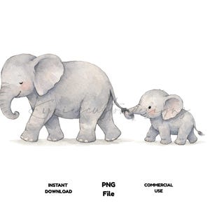 Mum Baby Elephant Watercolour PNG, Nursery Clipart (Commercial Use)