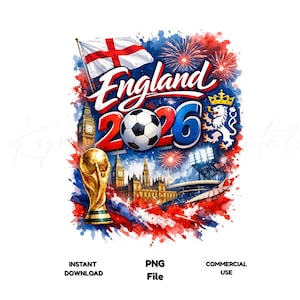 May include: A vibrant graphic celebrating England 2026, featuring a soccer ball, the English flag, and iconic landmarks like Big Ben. The design incorporates fireworks and a golden trophy, set against a backdrop of red, white, and blue watercolor splashes.